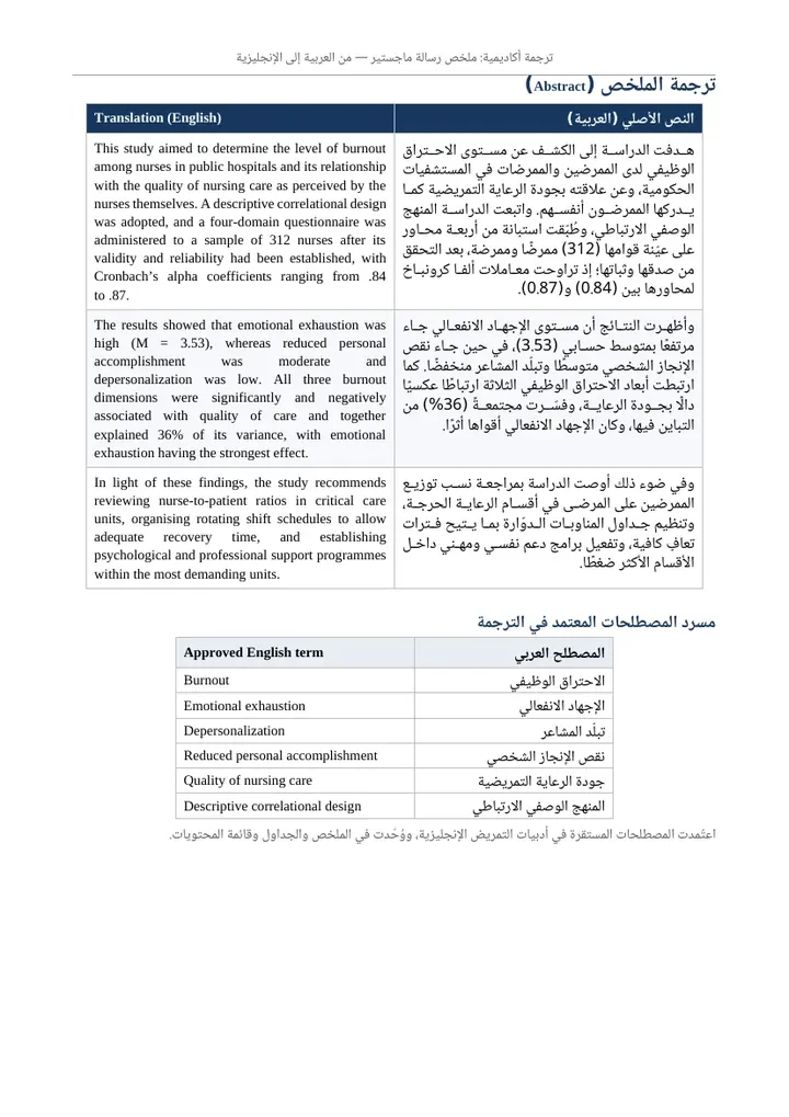 ترجمة ملخص الرسالة في جدول متقابل ومسرد المصطلحات المعتمدة